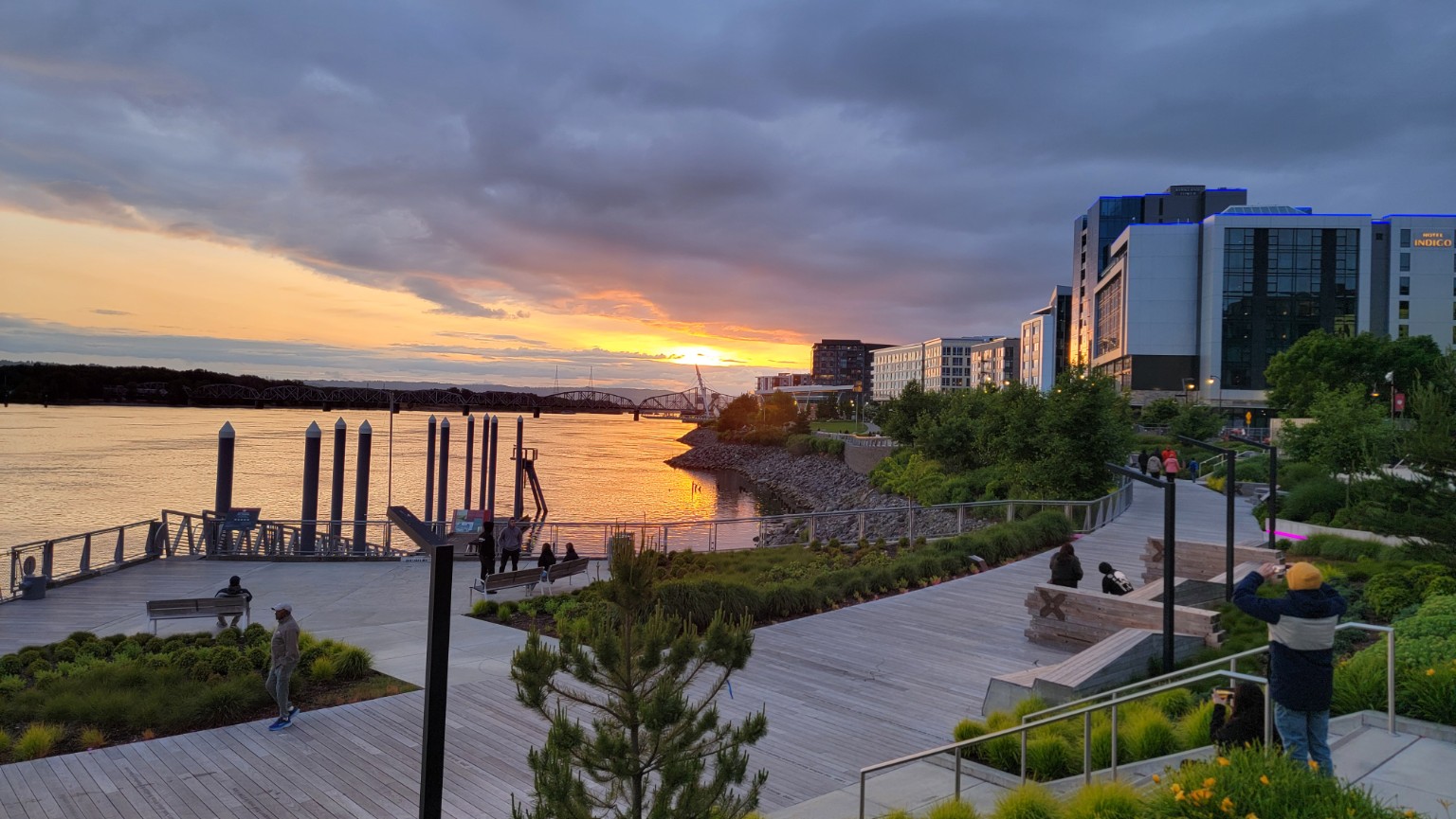 Vancouver Waterfront along the Columbia River in Vancouver, Washington at sunset